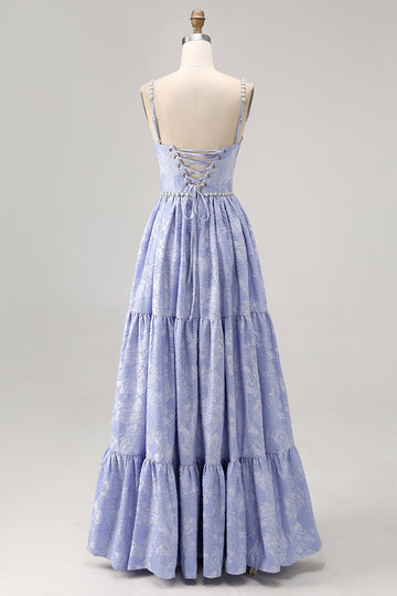 Blue Flower A-Line Beaded Wedding Guest Dress with Slit